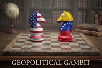 United states and venezuela flags painted on chess knight pieces facing off on wooden board