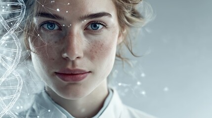 Female face with DNA visualization highlights genetics, identity, and medical innovation. Image supports healthcare technology, biotech branding, and research communication