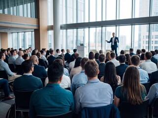Obraz premium Large audience of professionals listening to speaker during business conference in modern office