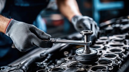 A mechanic is using a wrench to work on an engine, demonstrating precision and expertise in automotive repair.