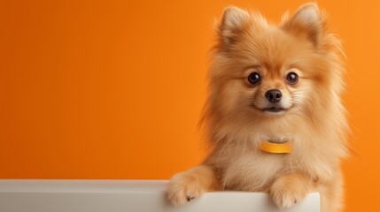 Pomeranian dog poses confidently emphasizing pet branding and commercial animal portraiture. Image supports advertising, pet products and digital content creation