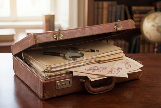 Open leather briefcase with magnifying glass and top secret USA and cuba files on wooden desk