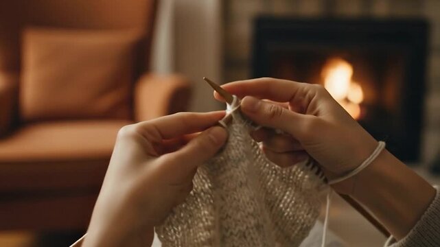 Cozy hands knitting in front of a warm fireplace, creating a relaxing scene.