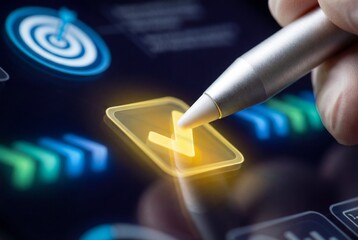 Hand using digital stylus pen to select glowing yellow checkmark on tablet screen close up view