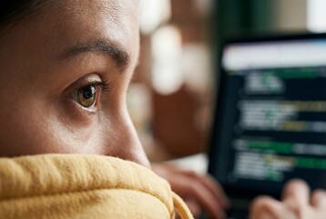 Woman focused on laptop screen with code reflection in her eye, working intently