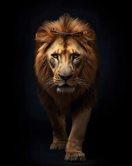 Fototapeta premium Majestic lion walking forward on dark background, powerful wildlife portrait symbolizing strength, dominance, courage, and natural authority
