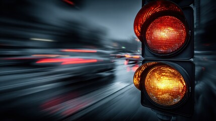 A blurred night scene of a traffic light displaying red, with streaks of light indicating fast-moving vehicles in the background.