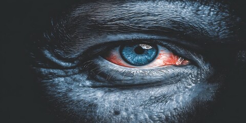 Cyberpunk style eye with neon reflections edgy futuristic mood macro lens high saturation frontal angle, Realistic Photo