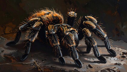 A detailed digital painting of a large, hairy arachnid with black legs and orange-brown body, displayed on a forest floor
