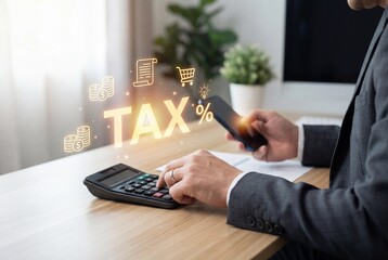 Businessman calculating financial costs with digital tax interface and mobile phone at office desk
