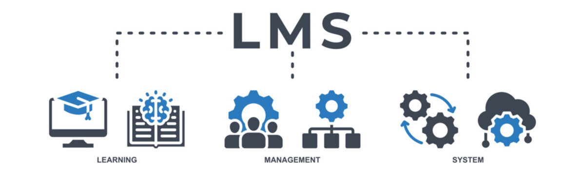 LMS banner web icon vector illustration concept for learning management system, educational courses, training and development programs with online learning, administration, growth, and automation icon