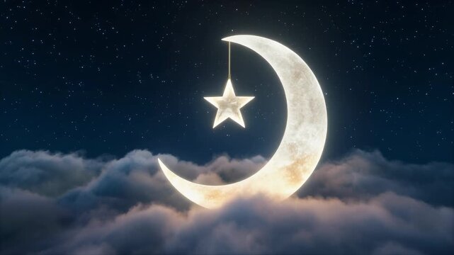 Crescent Moon and Star Hanging from Clouds in Night Sky.