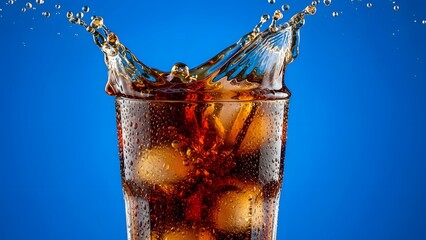 A glass of cola being poured with ice splashing against a blue background