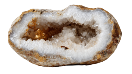 Geode showing intricate clear quartz crystals growing within its hollow interior, highlighting a natural mineral formation
