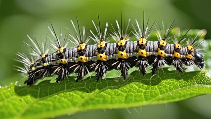 A vibrant and striking black yellow and white striped caterpillar with distinctive spiky hairs meticulously crawls across a lush green leaf in its natural outdoor habitat showcasing the intricate bea.