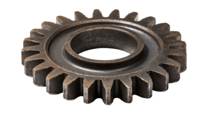 Old metal cog wheel mechanism on transparent background indicating industrial engineering and teamwork concept