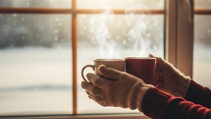 Gloved hands holding two steaming mugs by a window with a snowy winter background, symbolizing warmth and comfort.