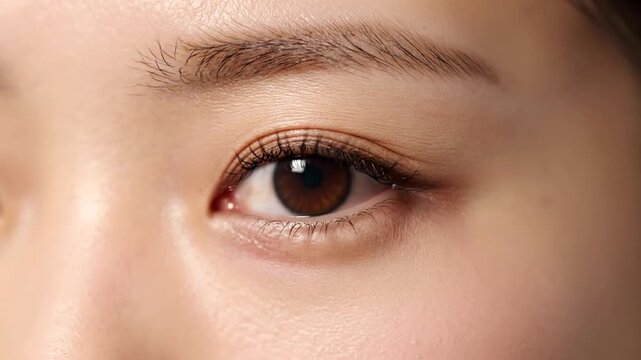 Extreme close-up of a person's warm brown eye with delicate lashes and brow