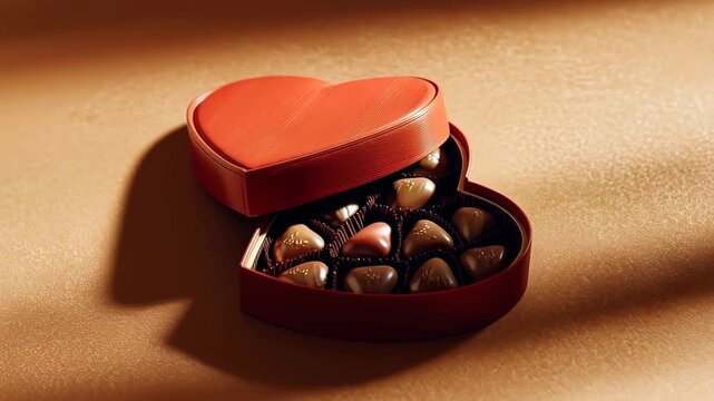 Opening Heart Shaped Chocolate Box on Warm Table with Soft Light and Gentle Shadows