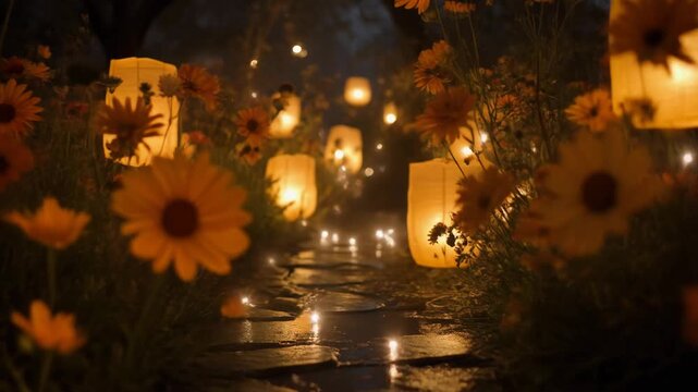 A serene pathway lit by glowing lanterns surrounded by vibrant flowers at night.