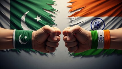 Clenched fists representing pakistan and india with their respective national flags