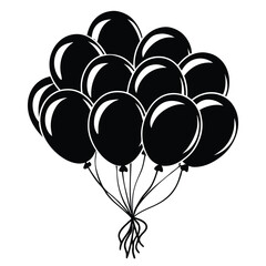 Black and white line art of two floating balloons with strings,Simple line art illustration of three balloons, one black and two white,