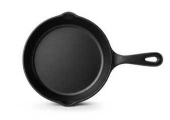 A black cast iron skillet with a handle on a png transparent