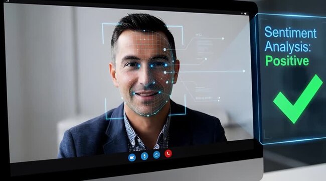 Facial recognition software analyzing a man's face on a computer screen with a positive sentiment analysis result in a modern office environment