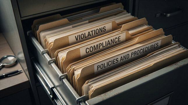 Compliance policies procedures violations folders filing cabinet. Business legal document organization audit regulation wooden desk magnifier pen.