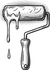 Dripping Paint Roller Black and White Pop Art Comic Style Halftone Texture Engraving