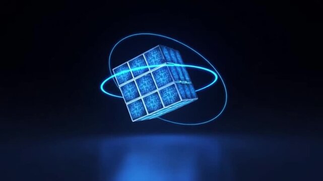 Glowing digital cube with swirling blue light. Abstract, techy design on dark blue background. 3D rendered