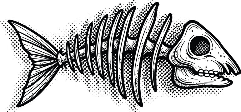 Black and White Fish Skeleton Vector Illustration with Halftone Dot Texture in Vintage Engraving Style