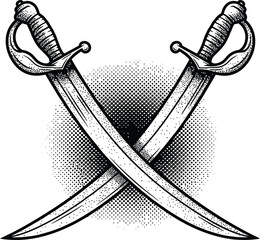 Crossed Pirate Swords Vector Illustration Black and White Halftone Cutlasses Graphic Emblem