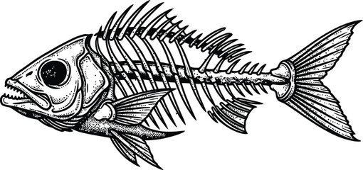 Black and white fish skeleton vector illustration in vintage woodcut style anatomical drawing