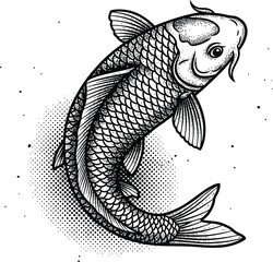 Black and White Koi Fish Illustration in Traditional Tattoo Style with Halftone Dots and Stippling