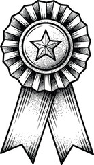 Vintage Award Rosette Ribbon with Star Engraving Black and White Vector