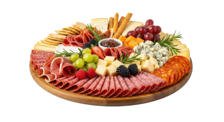 A round wooden cheese and meat platter with various types of cheese, meats, and fruits.