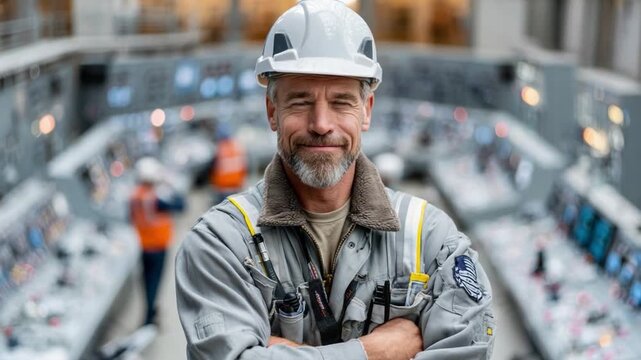 Confident Engineer in Industrial Environment: A seasoned engineer, adorned in a protective helmet and attire, stands with self-assurance amid a complex industrial setting.