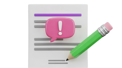 3D Illustration of a Document with Exclamation Mark Speech Bubble and Pencil