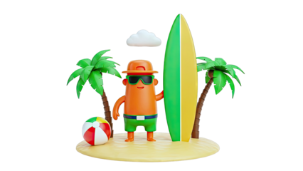 3D Cartoon Character with Surfboard on a Beach