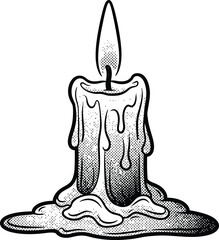 Black and White Burning Candle with Dripping Wax Vector Illustration Vintage Halftone Dot Style