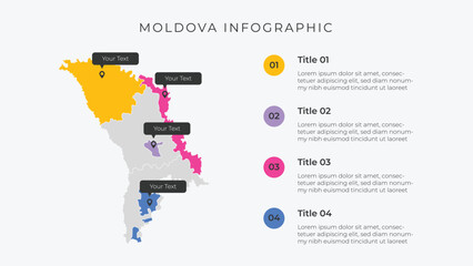 Moldova map infographic template with 4 options. Moldova administrative map infographic for presentation.