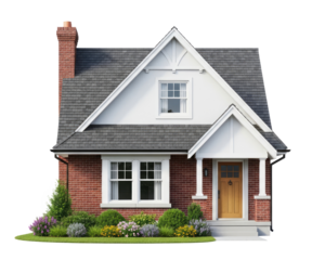 A small, two-story brick house with a white roof and trim, featuring a front porch with columns and a wooden door, surrounded by a well-maintained garden