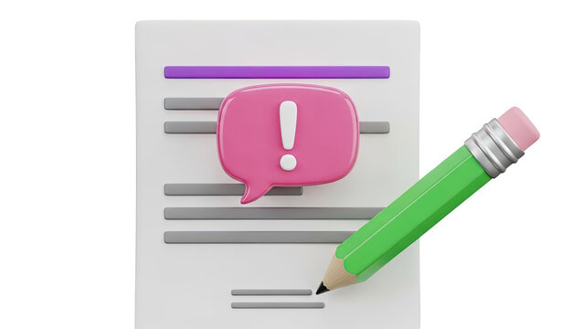 3D Illustration of a Document with Exclamation Mark Speech Bubble and Pencil - Powered by Adobe