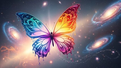 A vibrant, colorful butterfly with intricate patterns against a cosmic background with galaxies and stars.