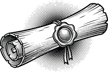 Vintage Rolled Scroll or Diploma with Wax Seal Black and White Comic Style Vector
