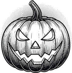Scary Jack-o-lantern Pumpkin Illustration Woodcut Style Halftone Shading Black and White Vector Graphic for Halloween Design