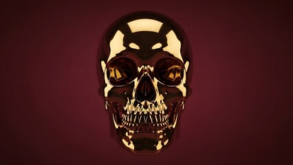 Fototapeta premium A golden skull illustration on a dark red background with glowing eyes