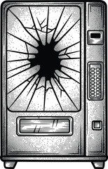 Vandalized Vending Machine with Cracked Window Halftone Engraving Vector Illustration Black and White