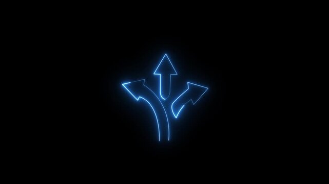Neon blue branching arrows animation on a black background symbolizing choices and pathways, abstract motion graphics loop